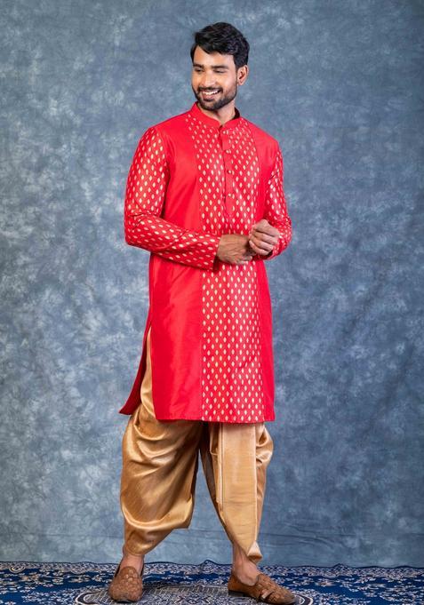 Red Embroidery Silk Kurta Set For Men