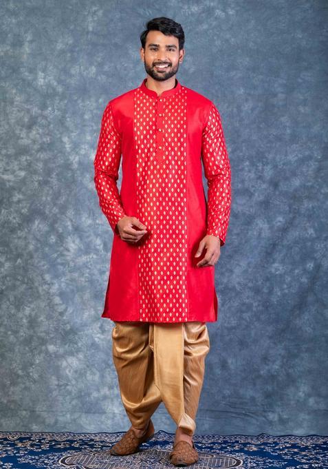 Red Embroidery Silk Dhoti Set For Men