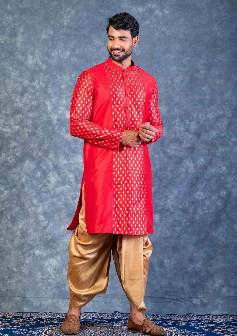 Red Embroidery Silk Kurta For Men - Indya