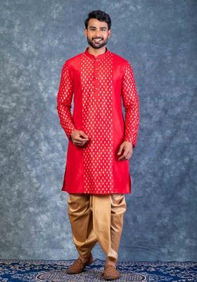 Red Embroidery Silk Kurta Set For Men
