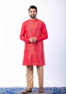 Red Embroidery Silk Blend Kurta Set For Men