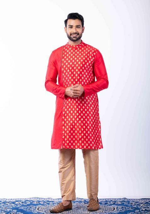 Red Embroidery Silk Kurta Set For Men