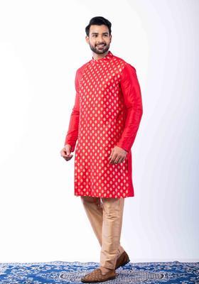 Red Embroidery Silk Kurta Set For Men