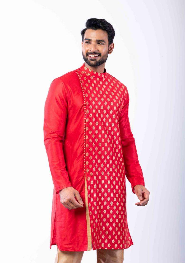 Red Embroidery Silk Kurta Set For Men - Indya