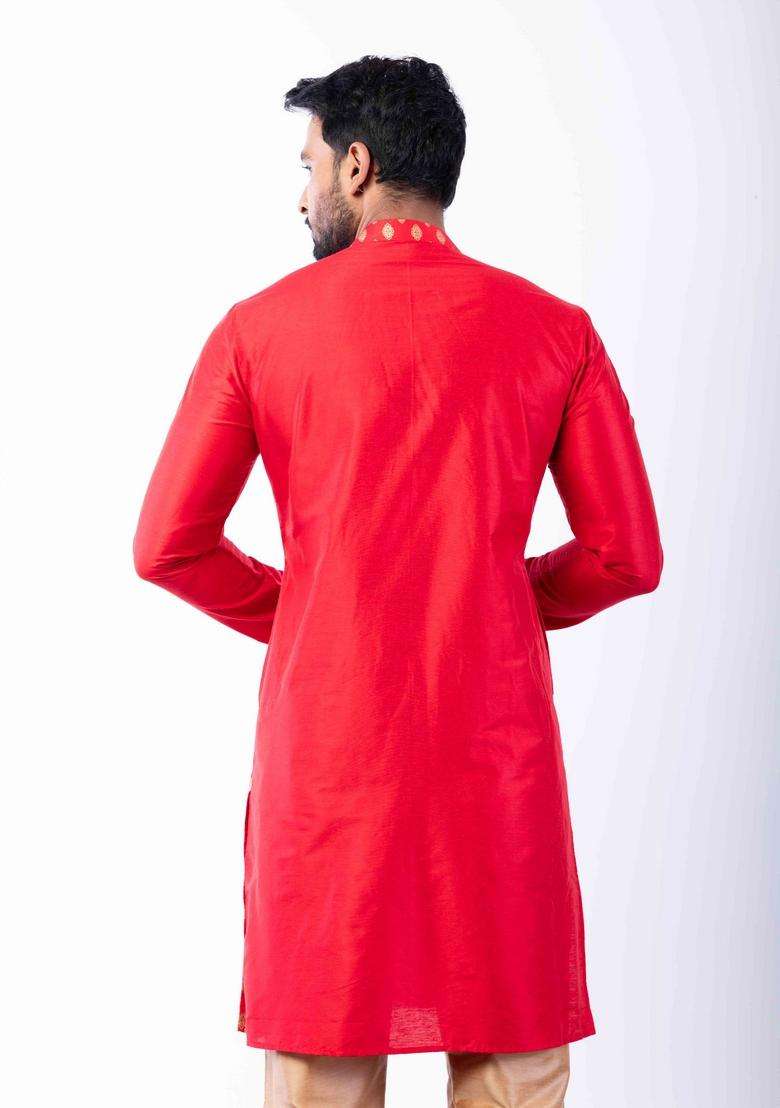 Red Embroidery Silk Kurta For Men - Indya