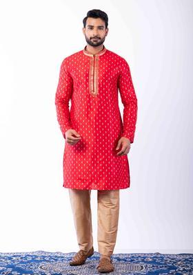 Red Embroidery Silk Kurta Set For Men