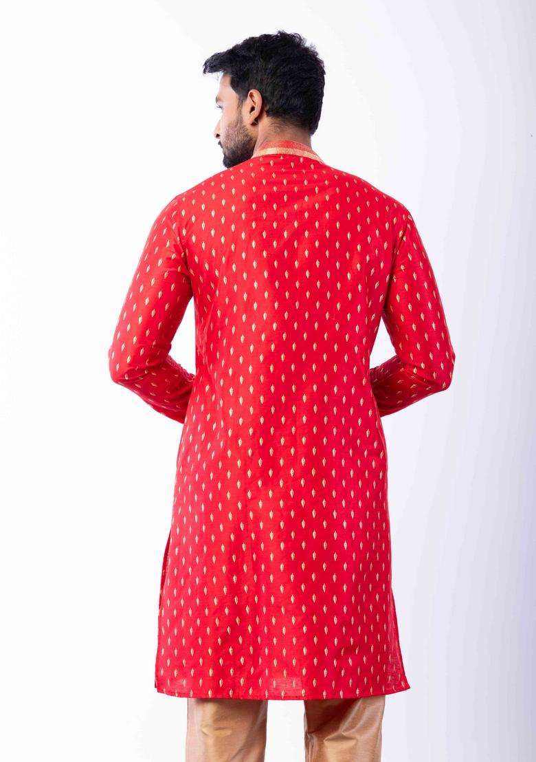 Red Embroidery Silk Kurta Set For Men - Indya