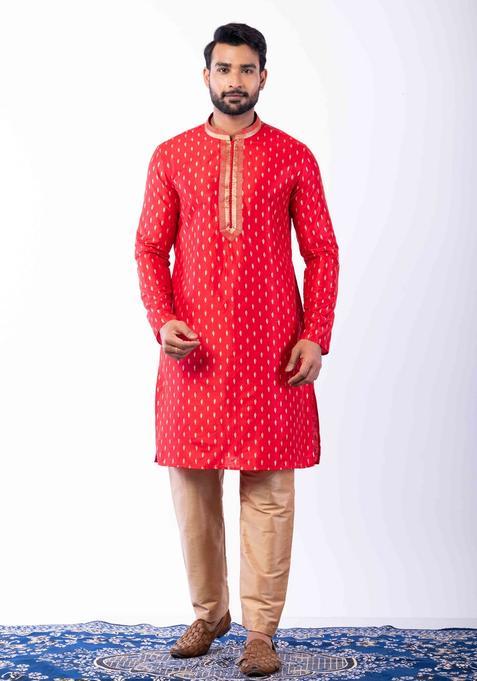 Red Embroidery Silk Kurta Set For Men