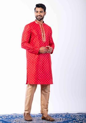 Red Embroidery Silk Kurta Set For Men