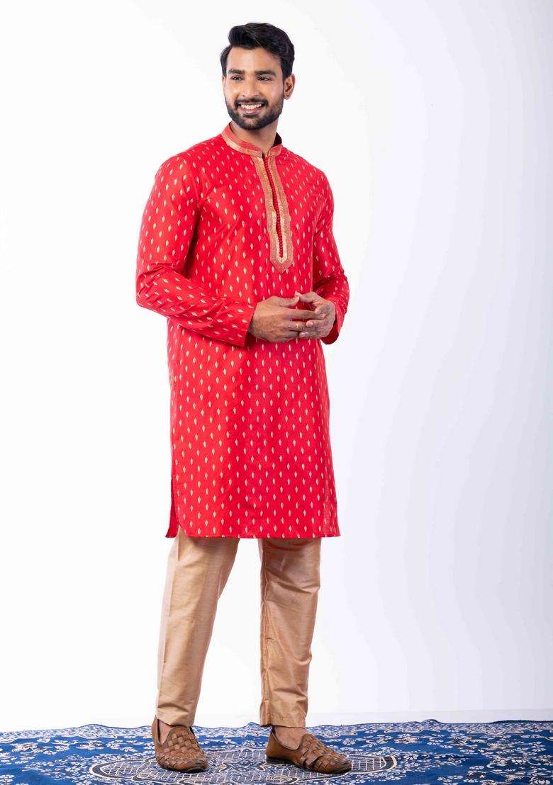 Red Embroidery Silk Kurta Set For Men - Indya