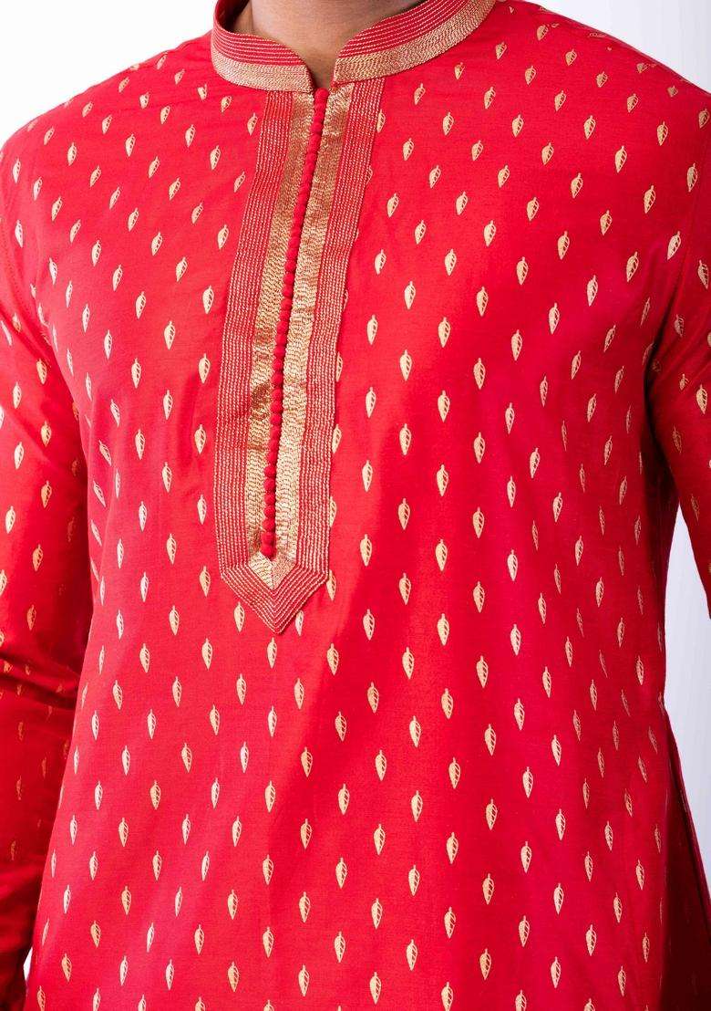 Red Embroidery Silk Kurta Set For Men - Indya