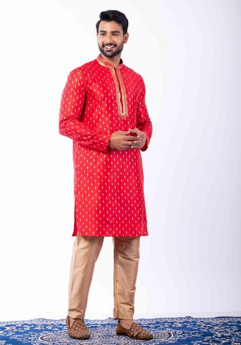 Red Embroidery Silk Kurta Set For Men