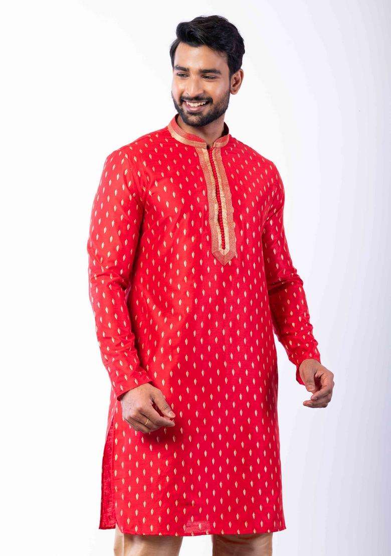Red Embroidery Silk Kurta For Men - Indya