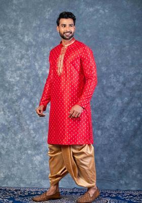 Red Embroidery Silk Kurta Set For Men