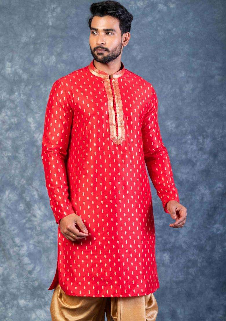 Red Embroidery Silk Kurta Set For Men - Indya