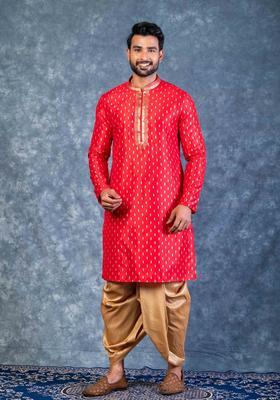 Red Embroidery Silk Kurta Set For Men