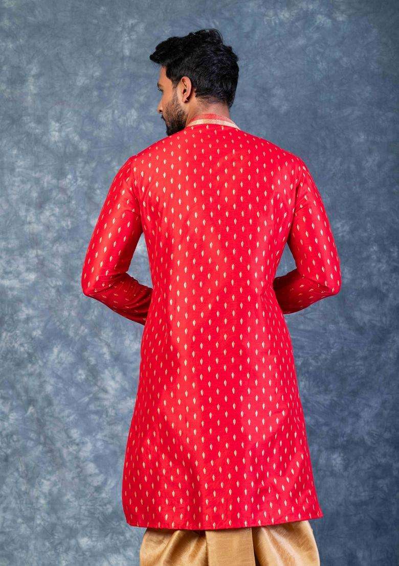 Red Embroidery Silk Kurta Set For Men - Indya