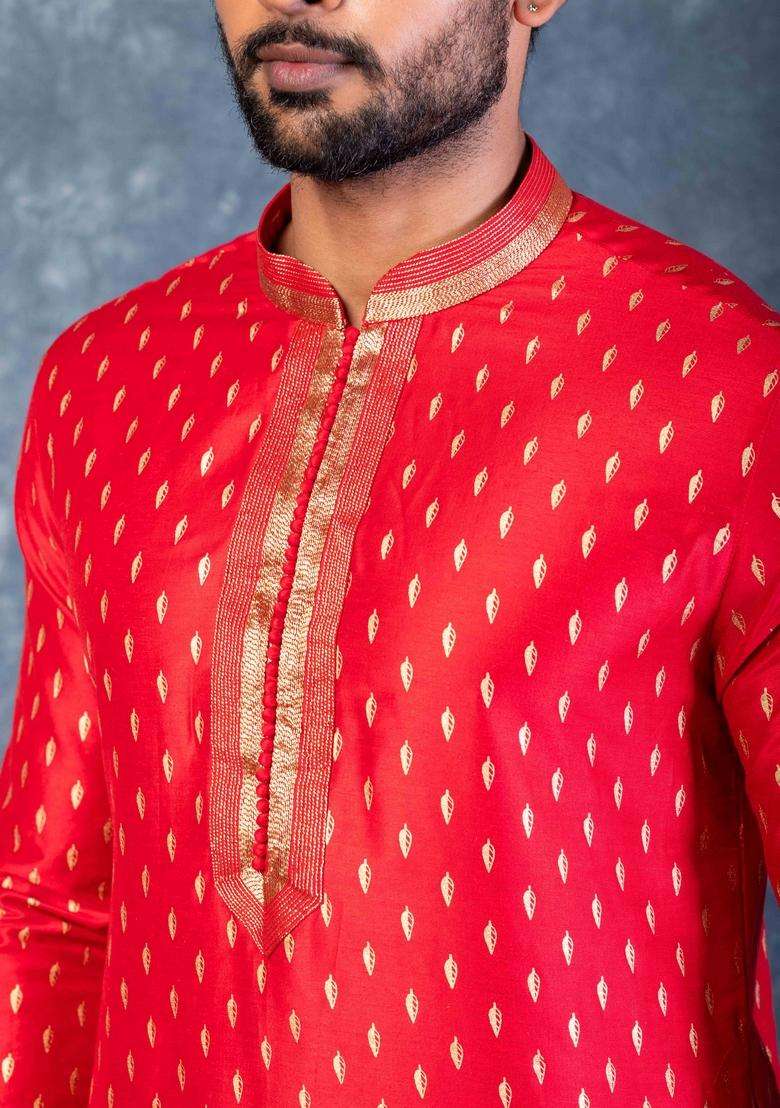 Red Embroidery Silk Kurta For Men - Indya