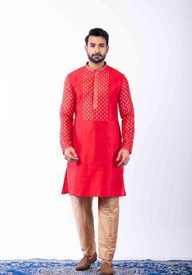 Red Embroidery Silk Kurta Set For Men