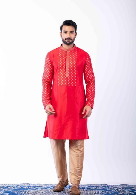 Red Embroidery Silk Kurta Set For Men