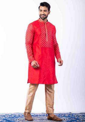 Red Embroidery Silk Kurta Set For Men