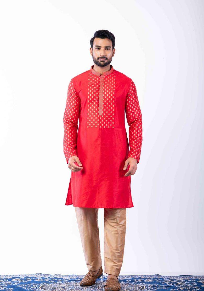 Red Embroidery Silk Kurta Set For Men - Indya