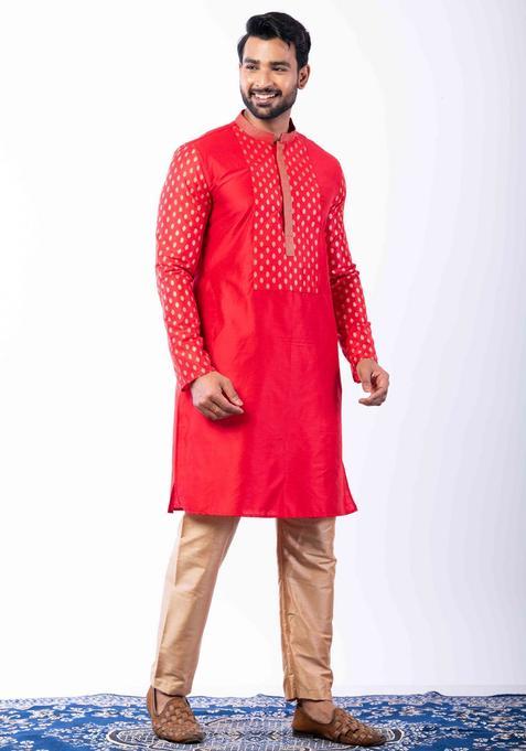 Red Embroidery Silk Kurta Set For Men