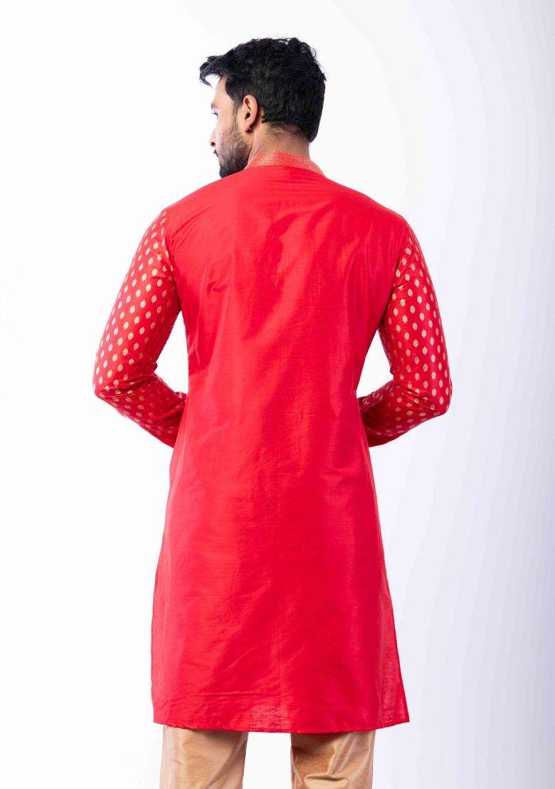 Red Embroidery Silk Kurta For Men - Indya