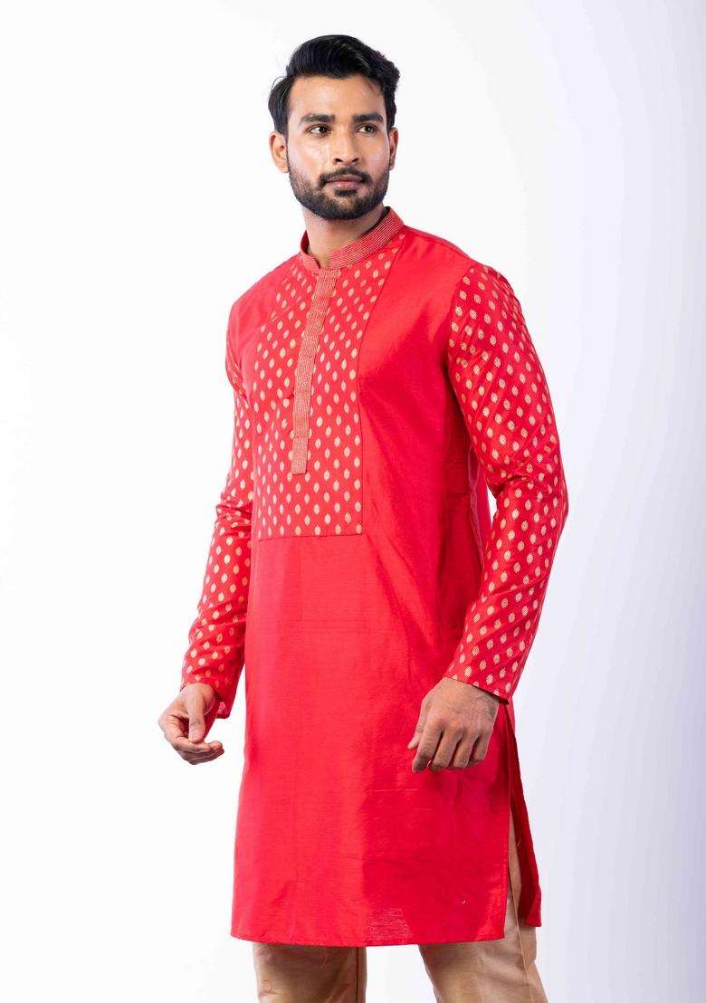 Red Embroidery Silk Kurta For Men - Indya