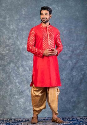 Red Embroidery Silk Kurta Set For Men