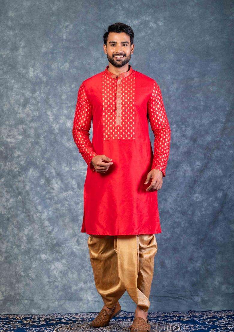 Red Embroidery Silk Kurta Set For Men - Indya