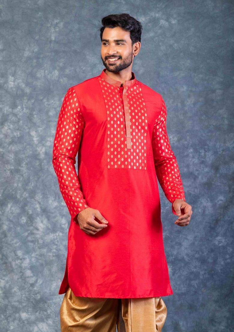 Red Embroidery Silk Kurta Set For Men - Indya