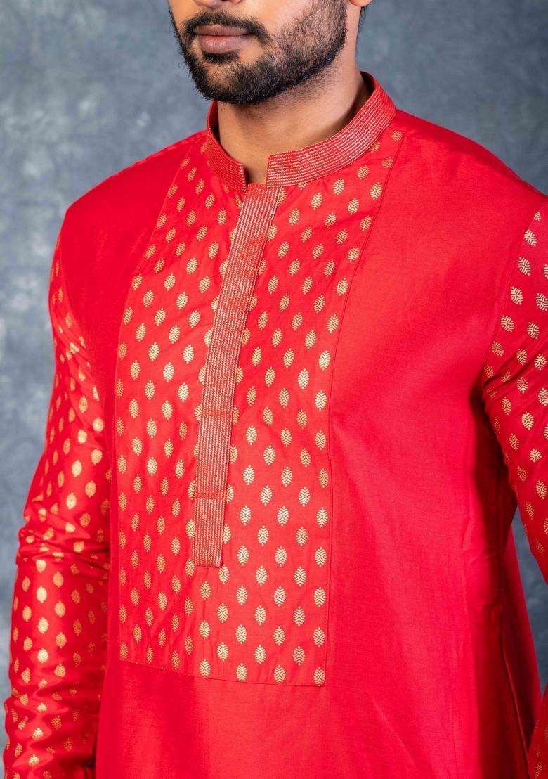 Red Embroidery Silk Kurta For Men - Indya