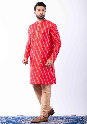 Red Embroidery Silk Kurta Set For Men