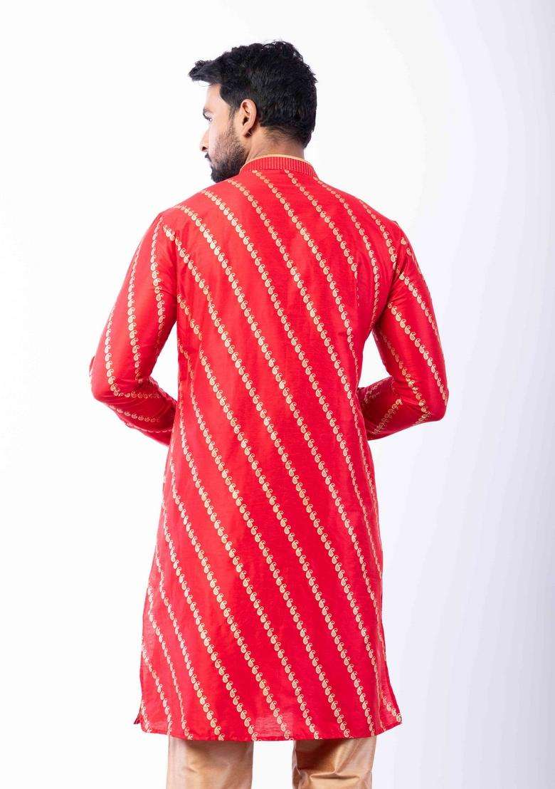 Red Embroidery Silk Kurta Set For Men - Indya