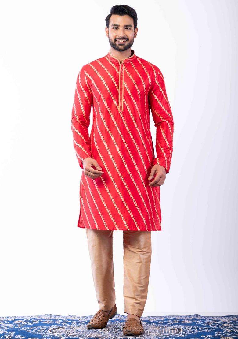 Red Embroidery Silk Kurta Set For Men - Indya