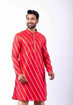 Red Embroidery Silk Kurta Set For Men