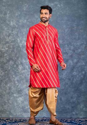 Red Embroidery Silk Kurta Set For Men
