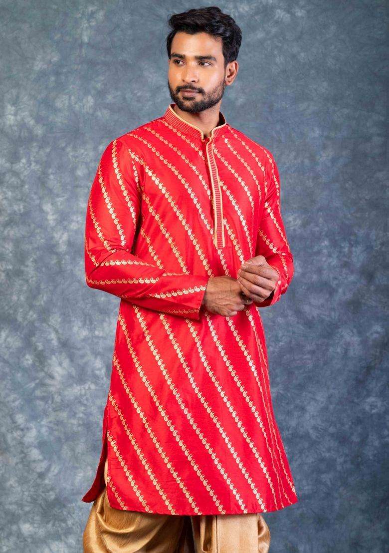 Red Embroidery Silk Kurta Set For Men - Indya