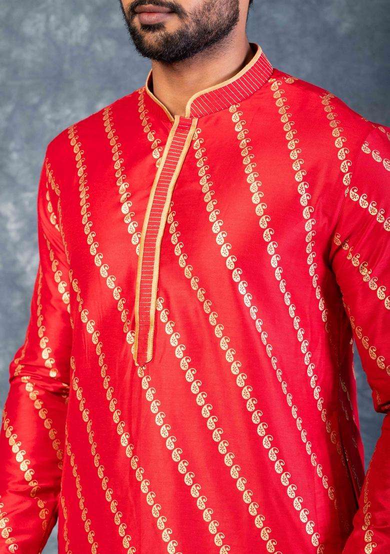 Red Embroidery Silk Kurta Set For Men - Indya