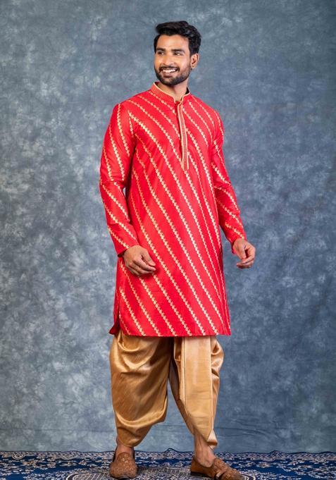 Red Embroidery Silk Kurta Set For Men