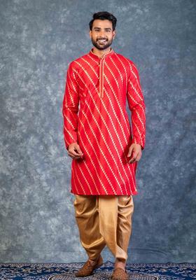 Red Embroidery Silk Kurta Set For Men