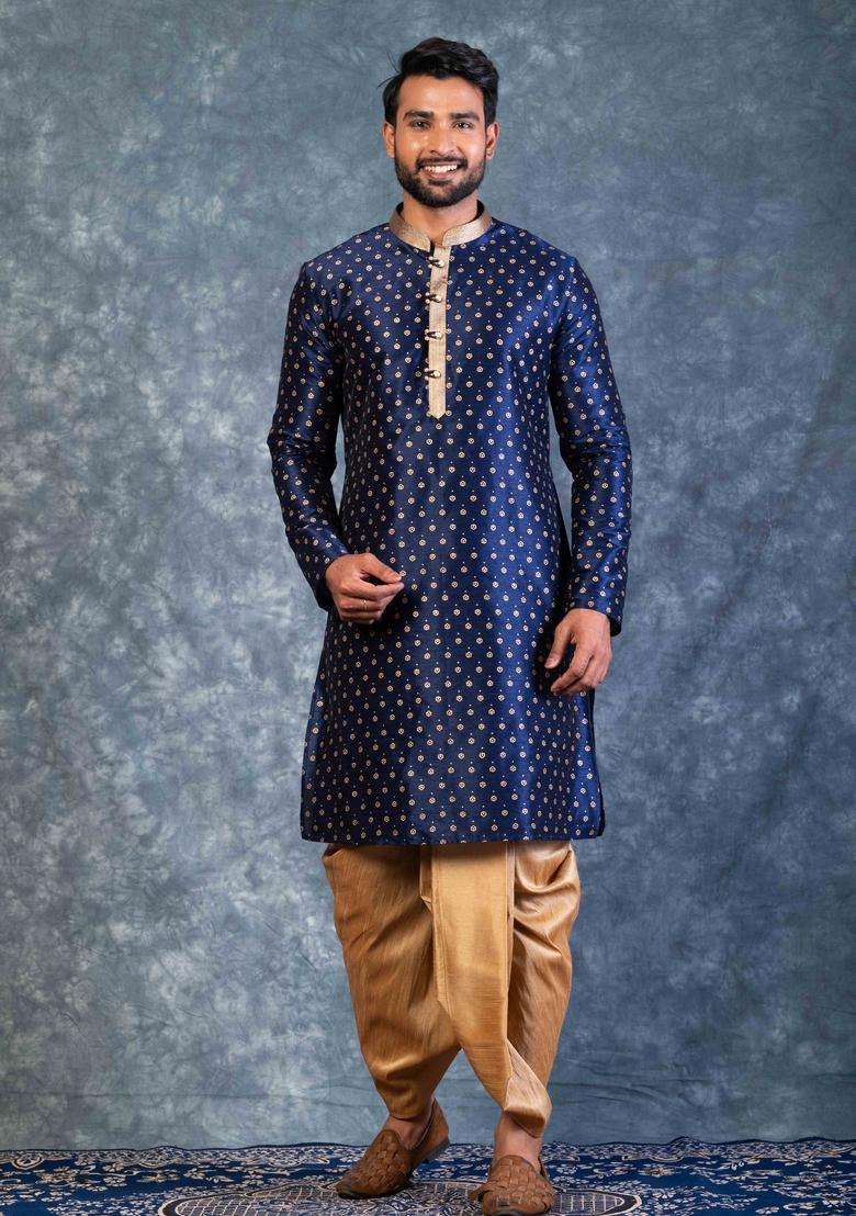 Navy Blue Embroidery Silk Blend Dhoti Set For Men - Indya