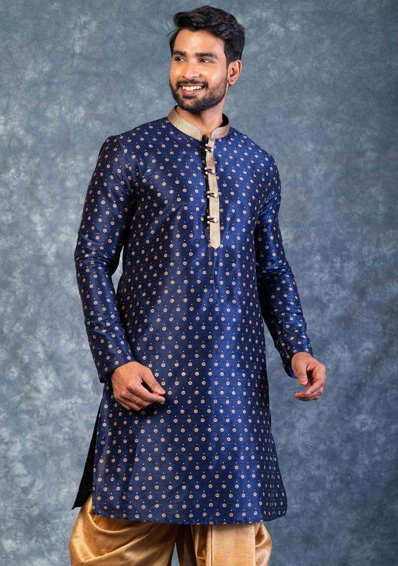 Navy Blue Embroidery Silk Blend Dhoti Set For Men - Indya