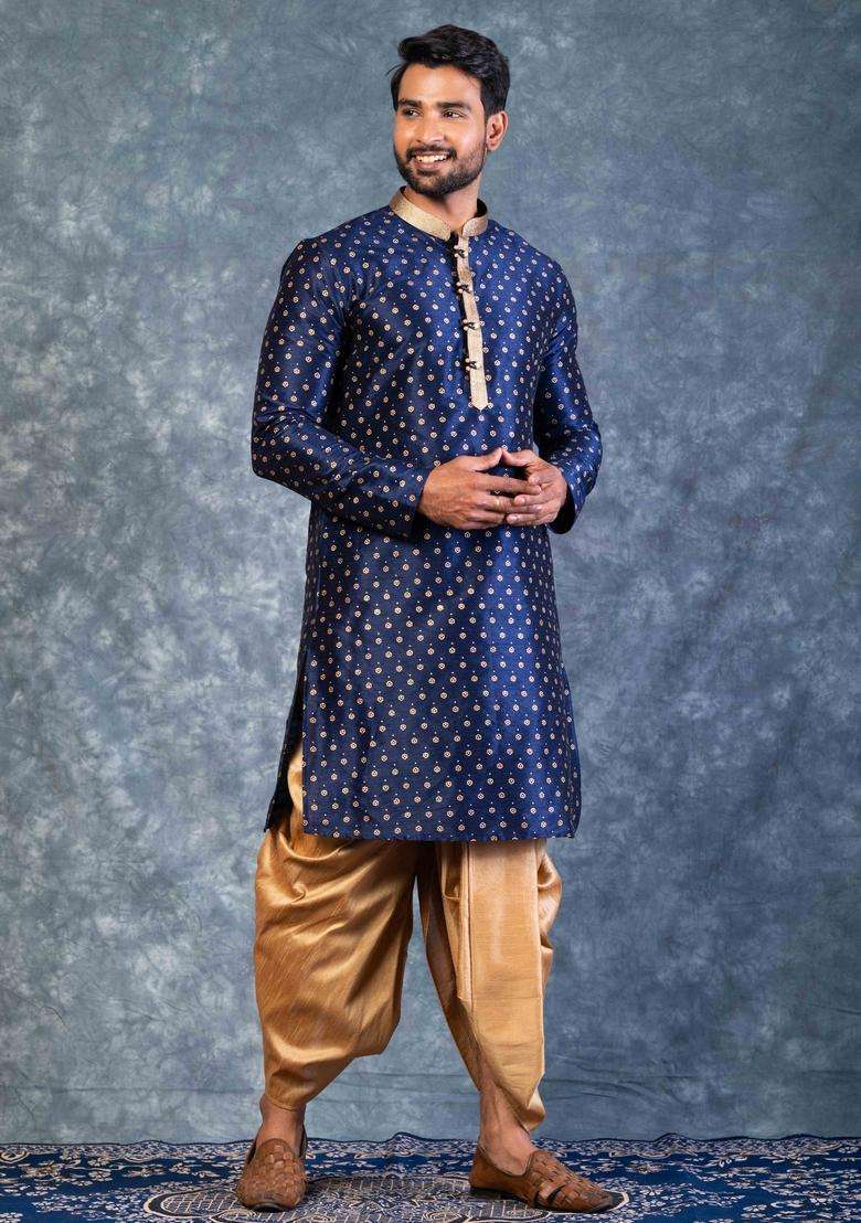 Navy Blue Embroidery Silk Blend Dhoti Set For Men - Indya