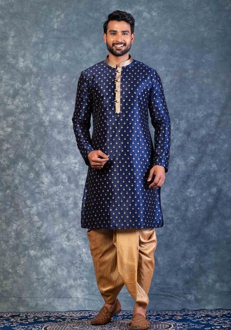Navy Blue Embroidery Silk Dhoti Set For Men