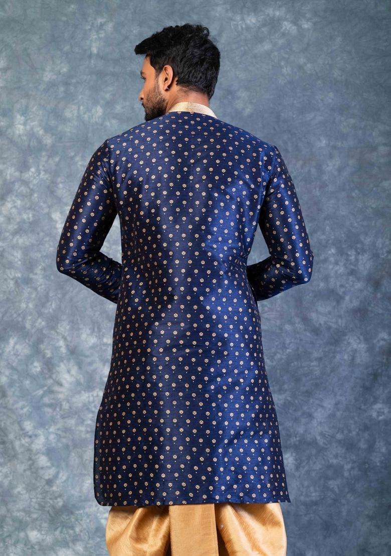 Navy Blue Embroidery Silk Blend Kurta For Men - Indya