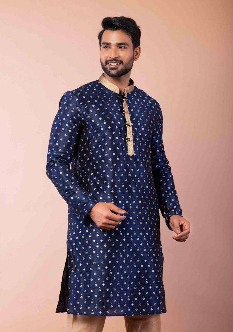 Navy Blue Embroidery Silk Blend Kurta Set For Men - Indya