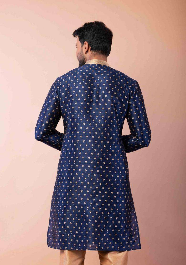 Navy Blue Embroidery Silk Blend Kurta Set For Men - Indya