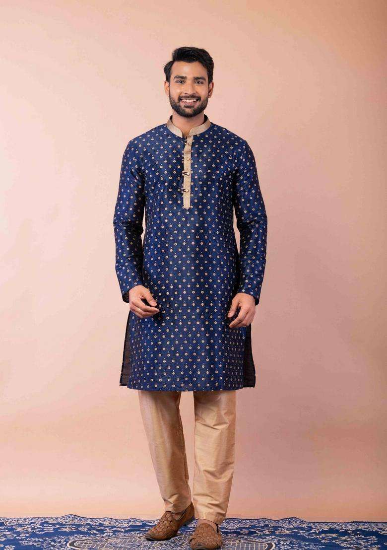Navy Blue Embroidery Silk Blend Kurta Set For Men - Indya